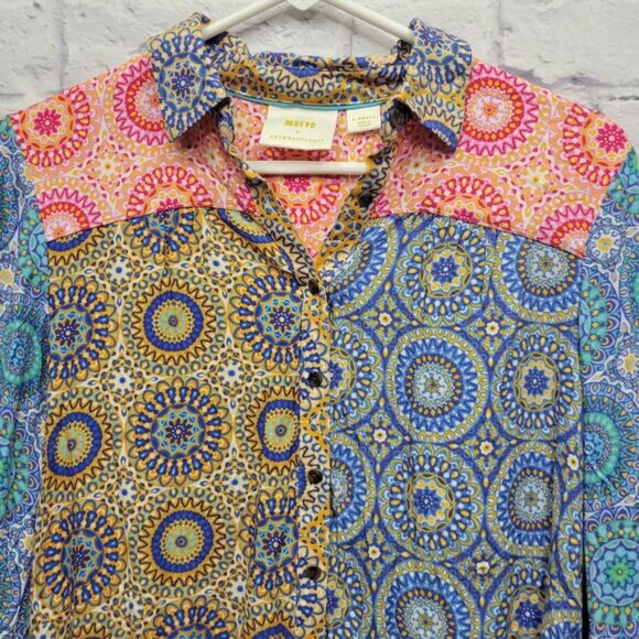 NWT Maeve Anthropologie Paz Buttondown Shirt Size XS Artsy Boho Patchwork Rayon - Picture 2 of 9